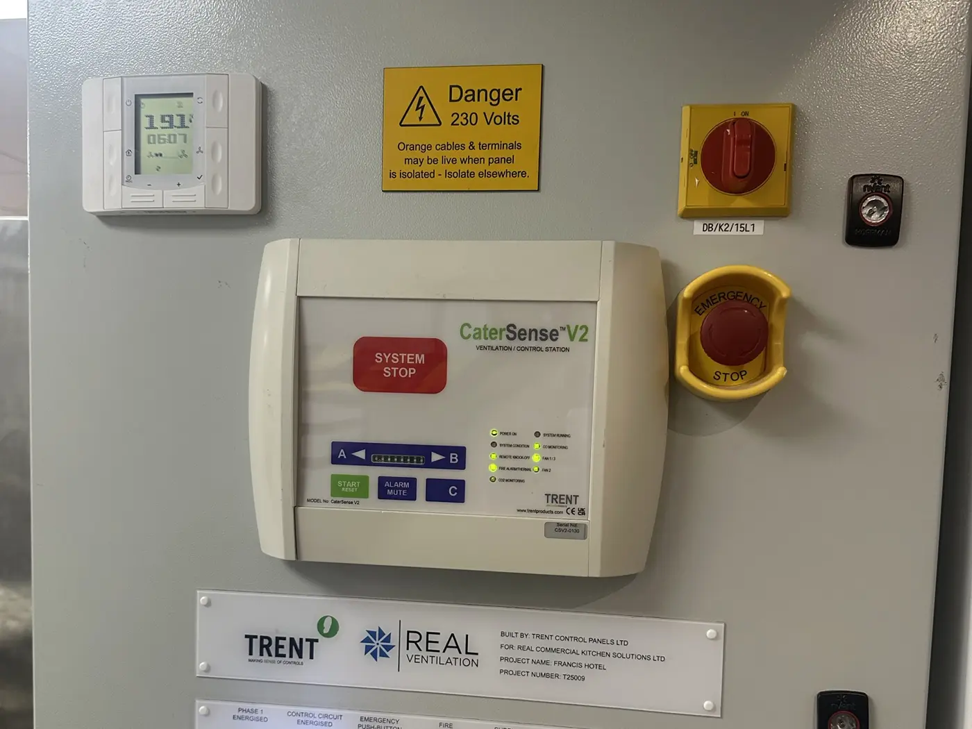 Bespoke REAL Ventilation control panel with CaterSense V2 ventilation and gas interlock control station, emergency stop and isolator