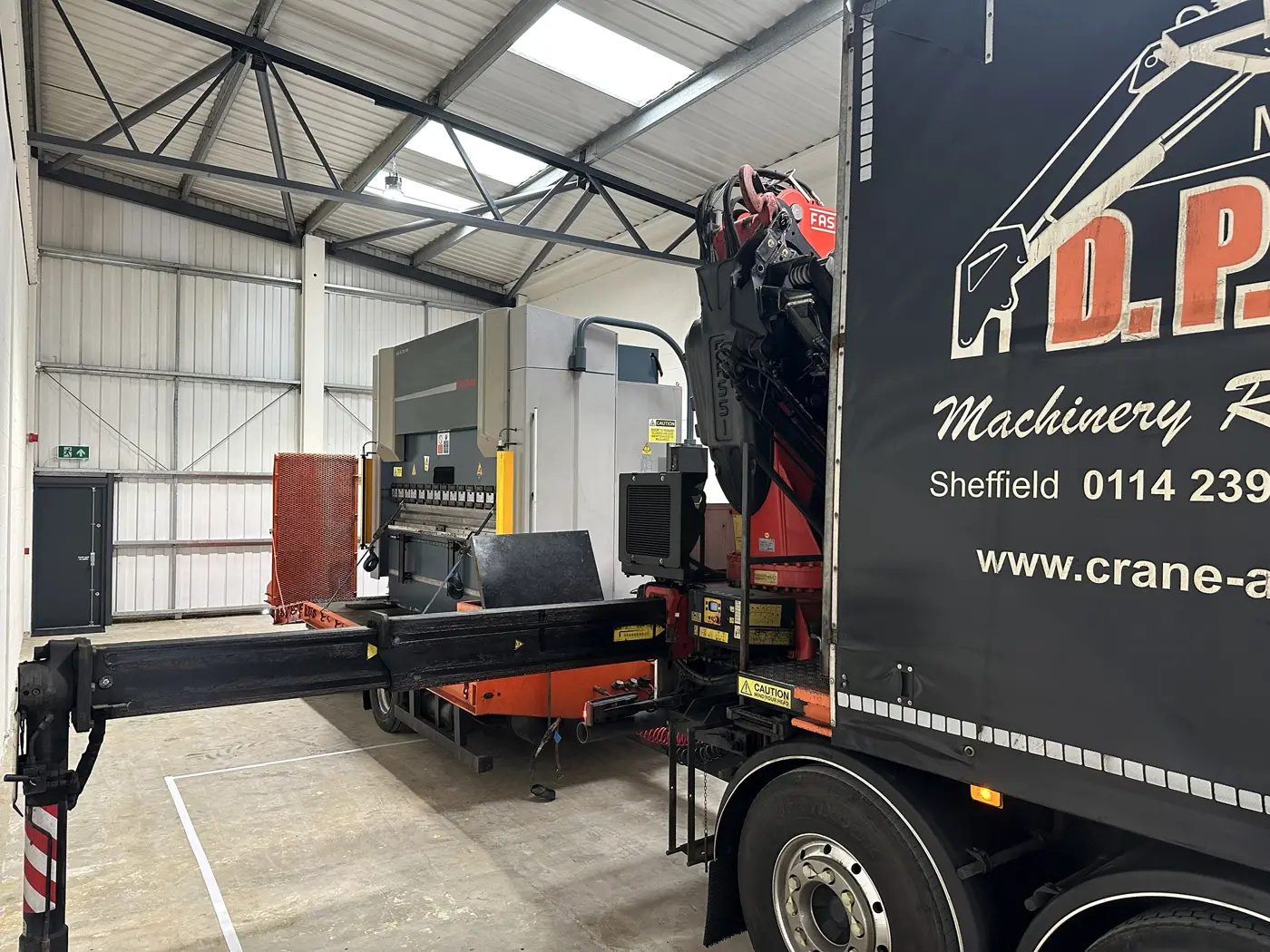 New press brake being delivered by crane lorry into the REAL Ventilation fabrication workshop